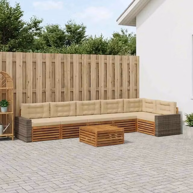 Set di divani da esterno a L con tavolo da caffè vidaXL, 7 pezzi in legno di acacia e tessuto beige resistente ai raggi UV