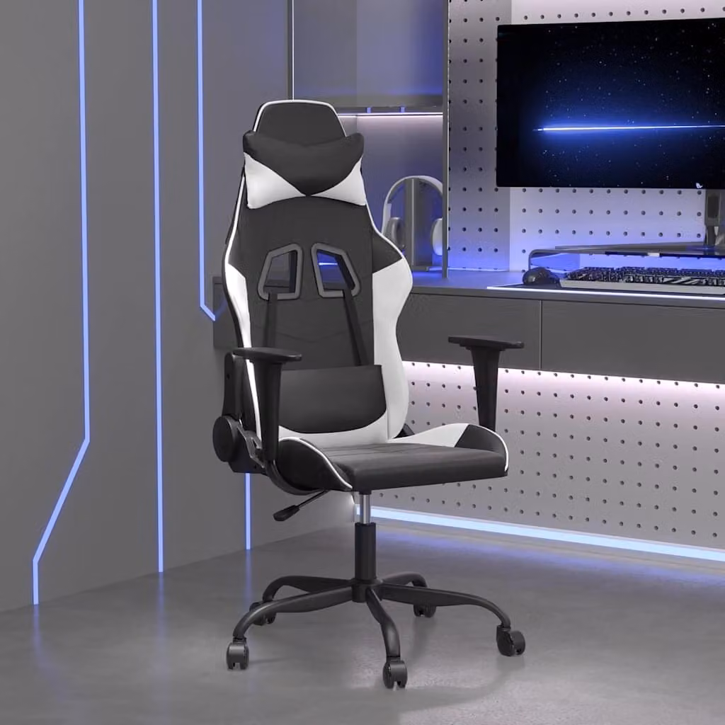 Sedia da Gaming vidaXL per Adulti in Similpelle Nero e Bianco con Braccioli e Ruote, Ruotabile a 360 Gradi