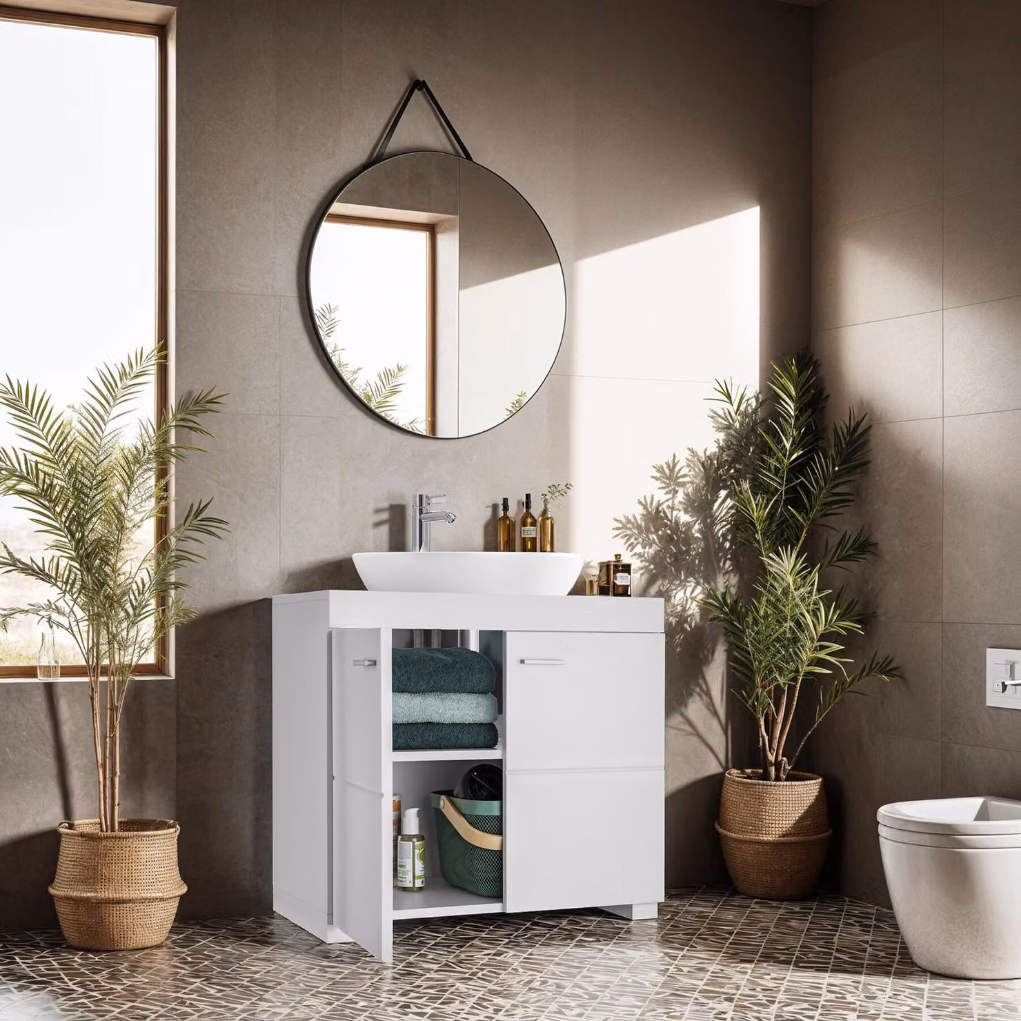 Mobiletto da bagno Tectake Idris con ante a battente e ripiani interni, bianco opaco – 2