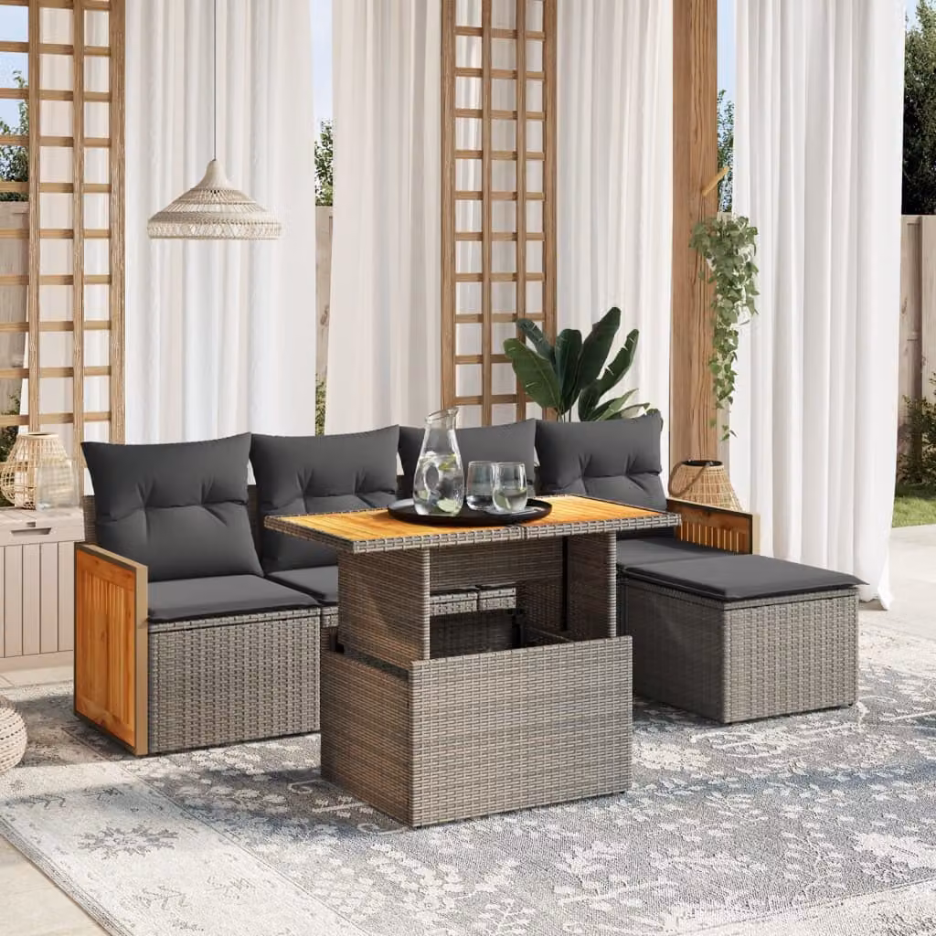 Set Divano da Giardino vidaXL 6 pz in Polyrattan Grigio con Cuscini e Tavolino da Caffè – 1