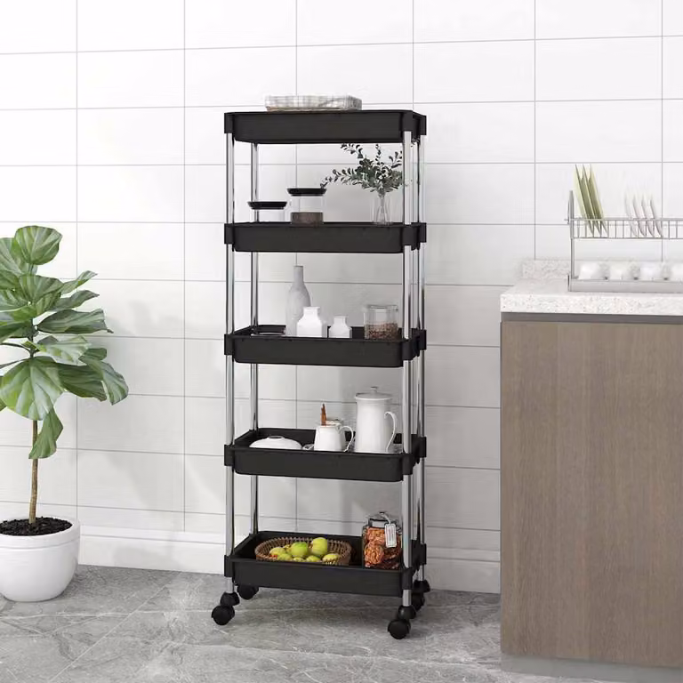 vidaXL Carrello da Cucina Moderno con 5 Ripiani in Metallo e Plastica, Nero, L 42 cm x P 29 cm x H 128 cm