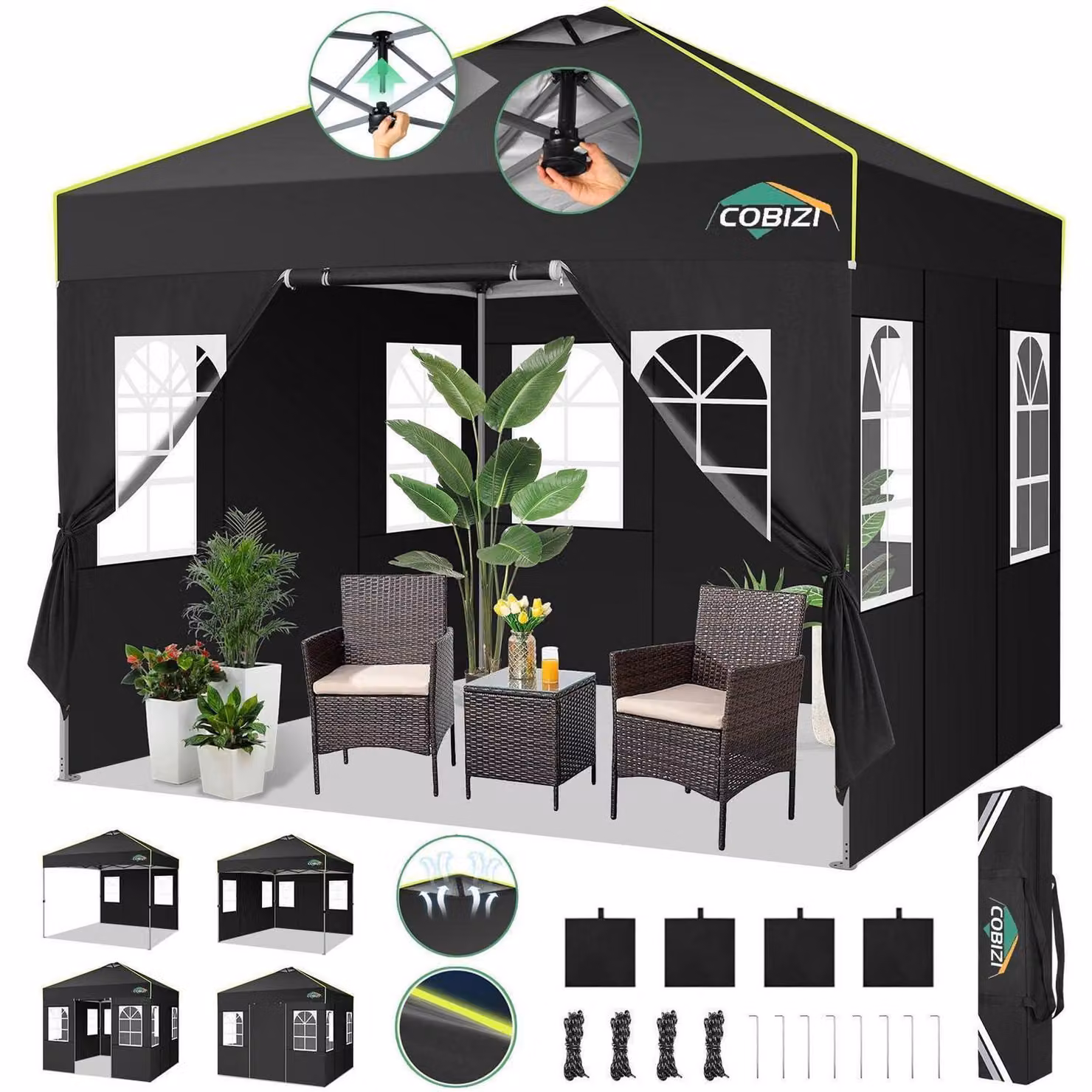 Gazebo da esterno 3x3 metri, impermeabile e resistente alle intemperie invernali, con 4 pareti laterali, 3 altezze regolabili, protezione UV, strisce riflettenti, colore nero
