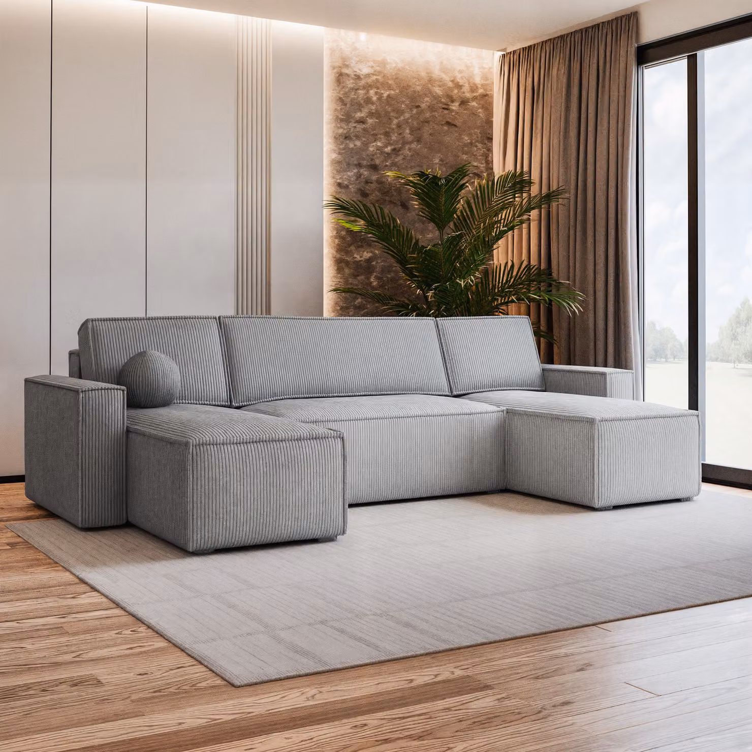 Divano angolare Masseno PESANO P con funzione letto a U, divano con box letto, divano da salotto, divano, divano, divano letto, set di divani - grigio chiaro, POSO 55