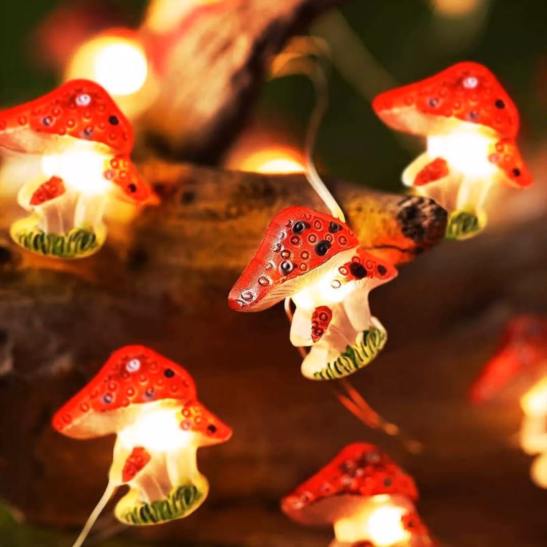 Catena luminosa a LED a forma di fungo, lunghezza 3 metri, 30 LED, luce bianca calda, alimentazione a batteria