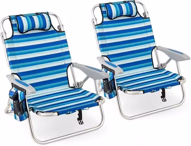 Sedia da Spiaggia Pieghevole Costway Blu con Schienale Regolabile e Portabicchieri in Alluminio e Tessuto Textilene