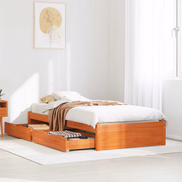 Struttura del letto moderna vidaXL in legno di pino massello cerato marrone con cassetti