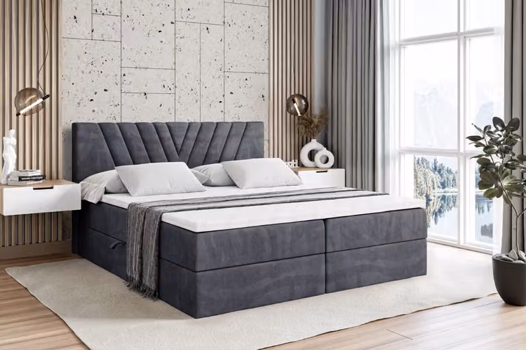 Letto boxspring ALTDECOR ERNINA, letto imbottito con testiera e contenitore - Materasso rigido (H4) - 140x200 - Velluto grigio scuro