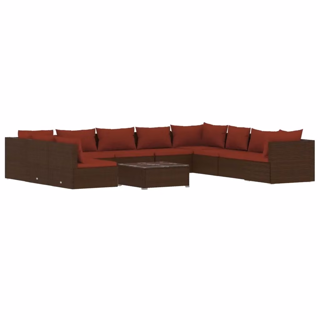 Set di Divani da Giardino vidaXL 11 Pezzi con Tavolino e Cuscini in Polyrattan Marrone e Rosso con Struttura in Acciaio e Forma a L – 2