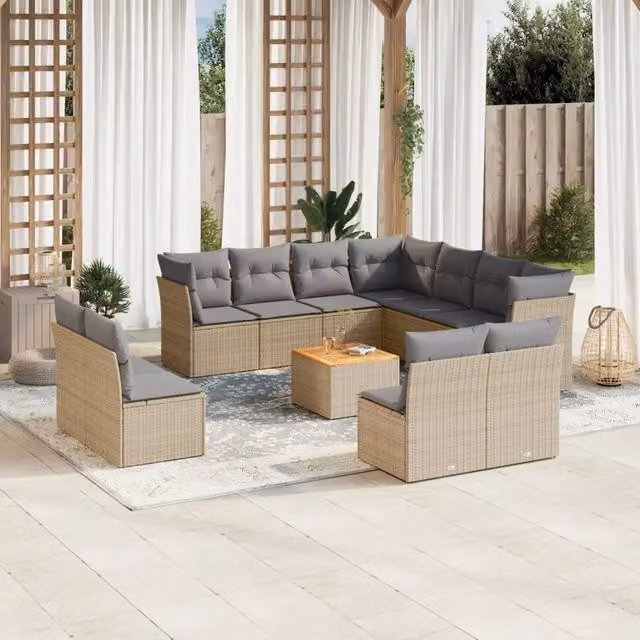 Set Divano da Giardino a Forma a U vidaXL in Polyrattan con Cuscini Beige e Grigio e Tavolino da Esterno