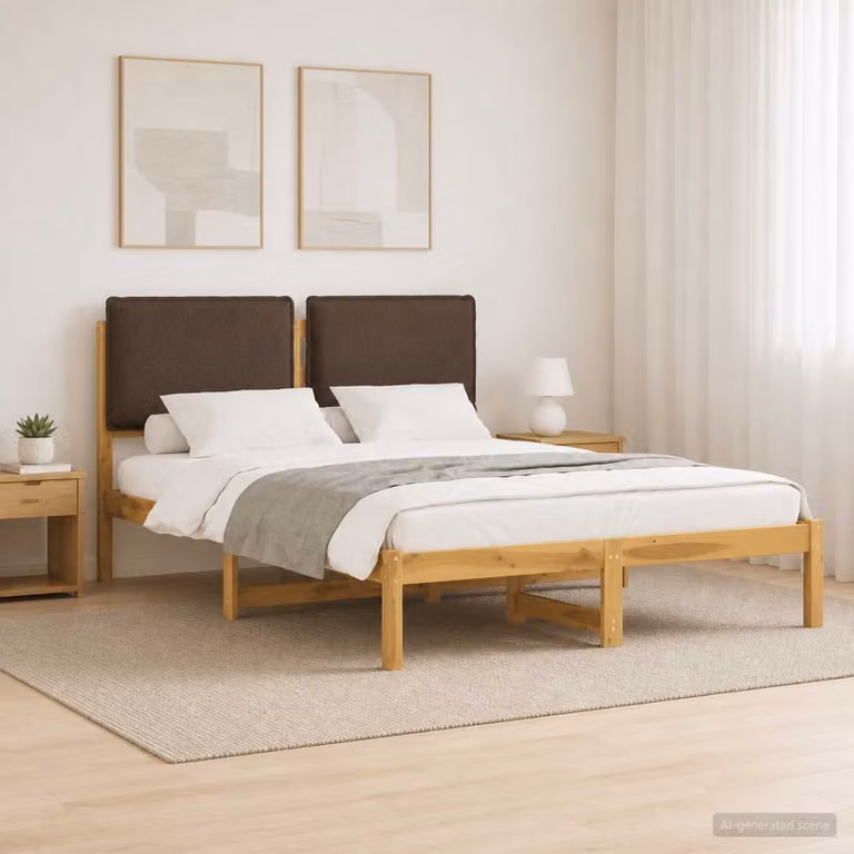 Letto con testiera rivestita vidaXL in legno di acacia, Bianco lavato e Taupe, L 140 x P 200 x H 106 cm