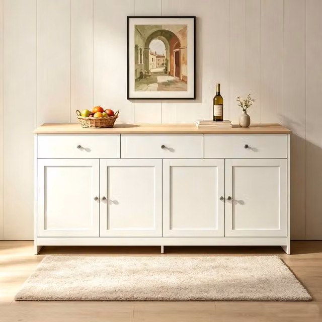 Credenza Moderna per Cucina e Soggiorno Bianca con 4 Ante e 3 Cassetti, L: 160 cm, P: 37 cm, H: 75 cm