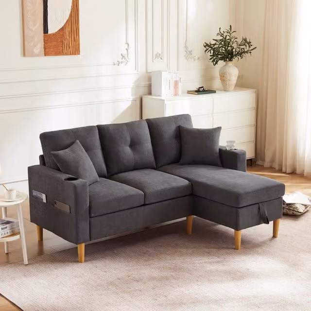 Divano a L con chaise longue WISHDOR, 3 posti, tessuto grigio, con contenitore e cuscini inclusi, L/P/H: 210 x 175 x 90 cm