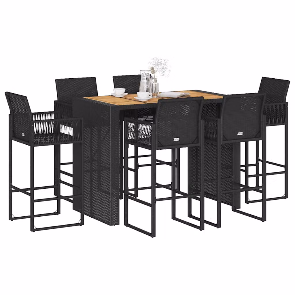 Set Bar da Giardino vidaXL in 7 Pezzi in Polyrattan e Legno di Acacia Nero