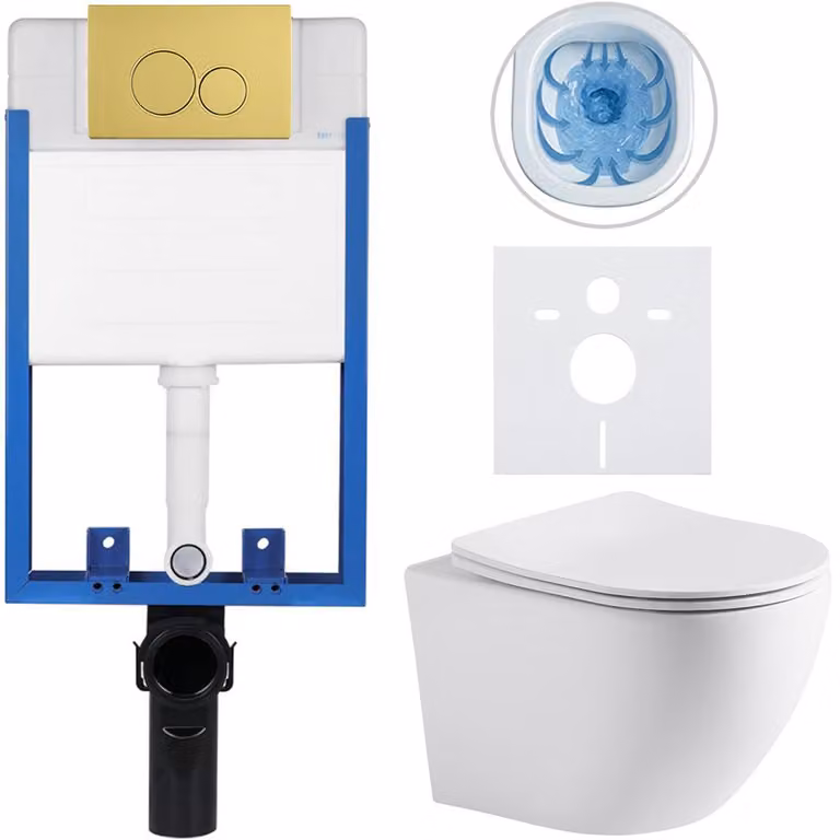 Set completo per WC sospeso Lite/Cesso - bianco opaco - pulsante per WC a due funzioni, dorato - da incasso - 49x36 cm