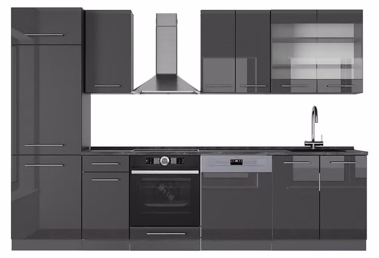 Cucina componibile Vicco Fame-Line Antracite lucido 300 cm senza piano di lavoro, Model 57130