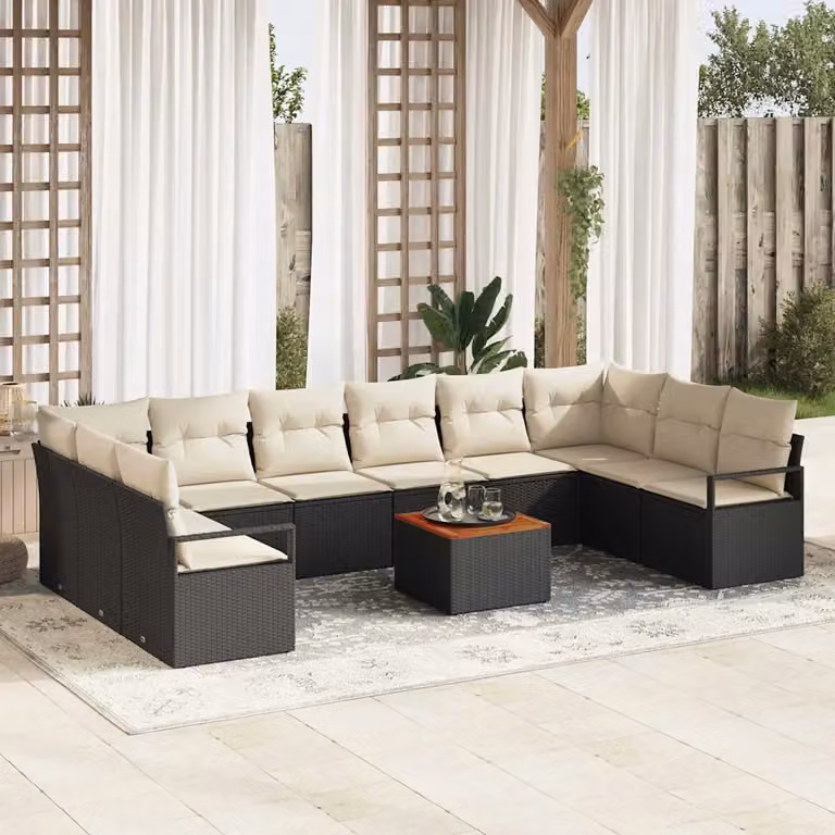 Set Divano da Giardino vidaXL a forma a U composto da 11 pezzi con Cuscini e Tavolino Nero in Polyrattan e Acciaio
