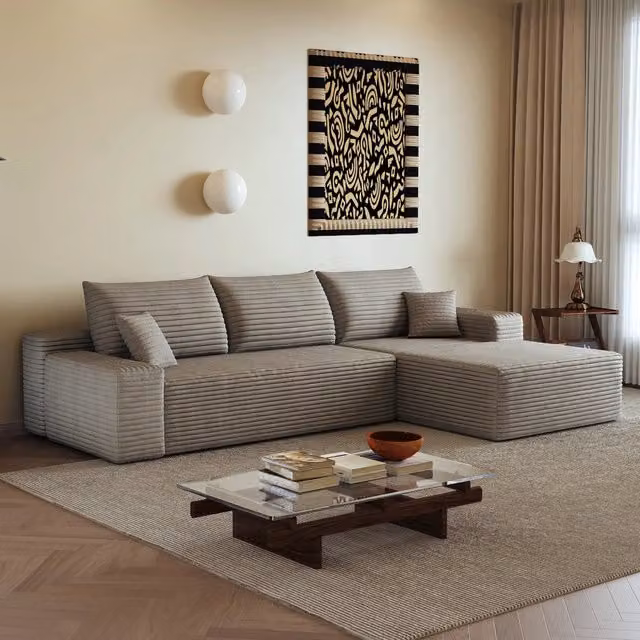 Divano 270.0x175.0x83.0 cm con imbottitura in schiuma elastica in velluto a coste cammello