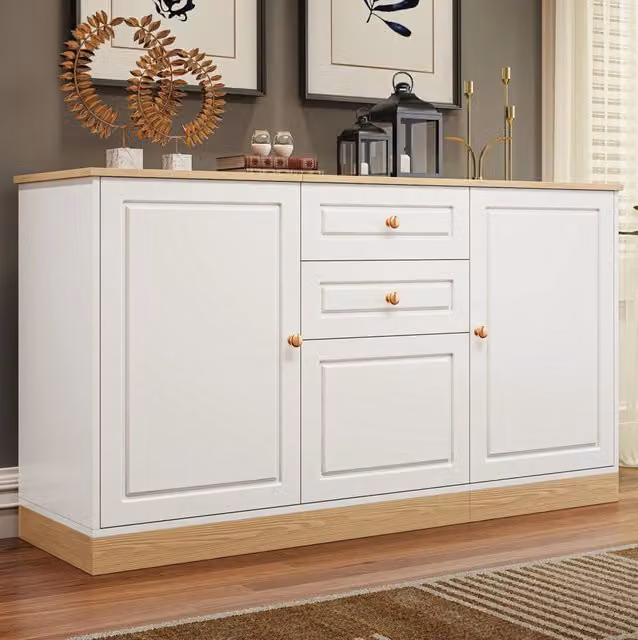 Credenza ULEVR 135,5x39x76 cm con 3 ante, 2 cassetti e ripiani regolabili, bianco ed effetto legno