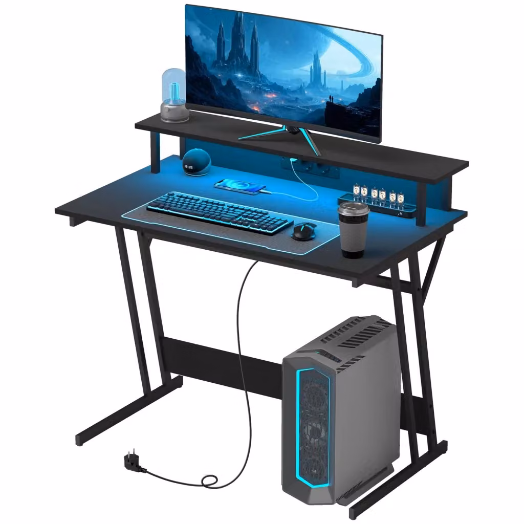 Scrivania Gaming Minimal con Supporto Monitor e Luci LED Nero in Truciolato e Acciaio L: 100 cm, P: 60 cm, H: 88.5 cm – 2