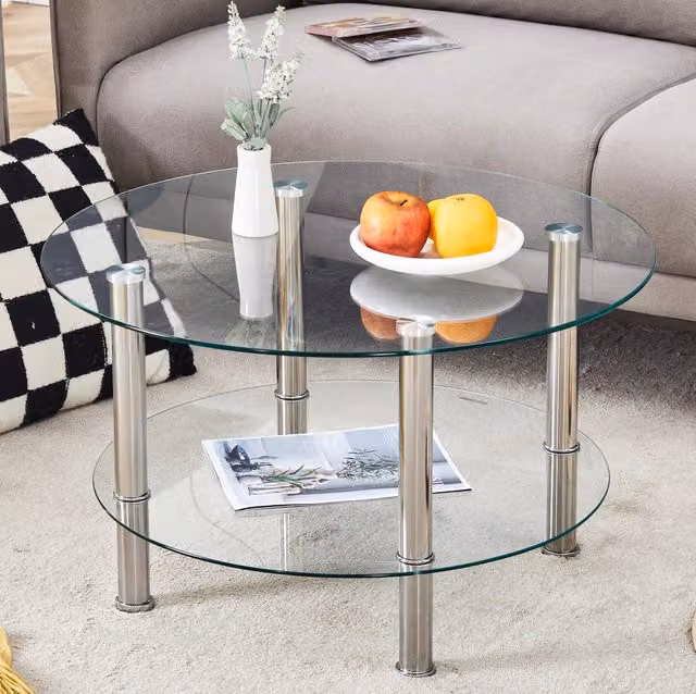 Tavolino da salotto ULEVR a 2 livelli in vetro temperato, ?70 cm, struttura in metallo argento