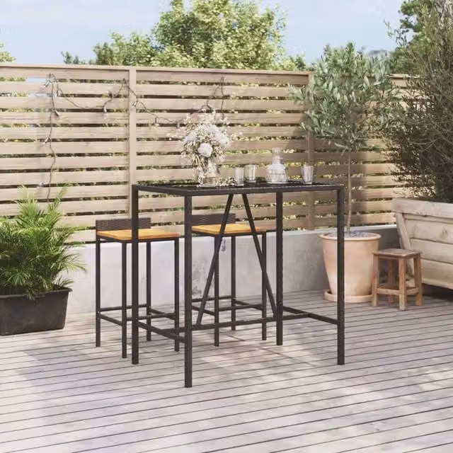 Tavolo da bar moderno vidaXL in polyrattan nero con piano in vetro rettangolare L: 110 cm, P: 70 cm, H: 110 cm – 1