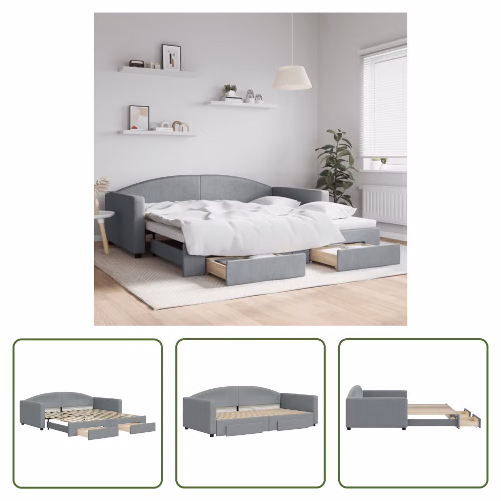 The Living Store Letto da giorno allungabile con cassetti grigio chiaro 100x200 cm tessuto