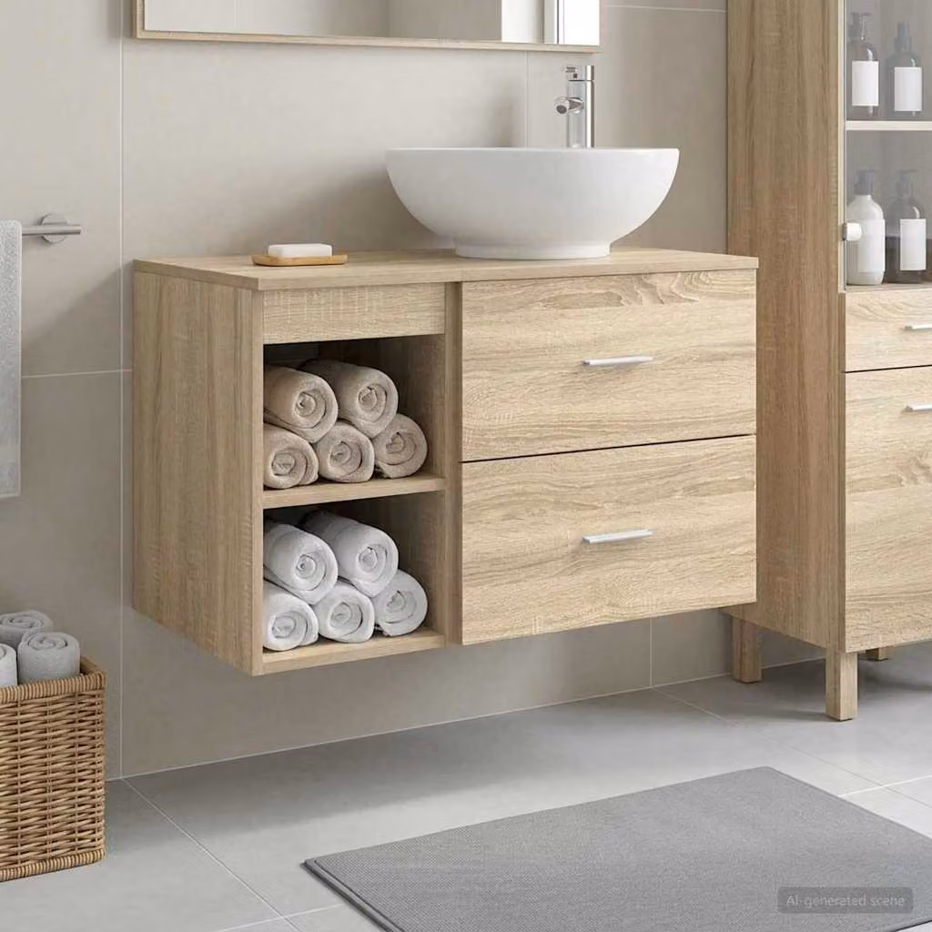 Set di mobili per il bagno moderno vidaXL composto da mobile lavabo e mobile contenitore in legno marrone, L/P/H: 80,0 x 35,25 x 49,5 cm e 44,5 x 35,25 x 76,7 cm