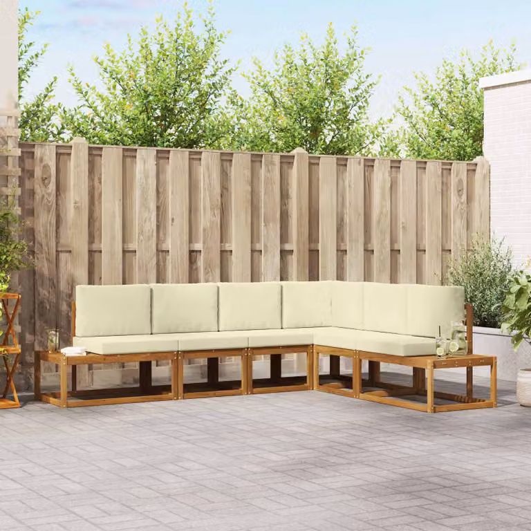 Set di 6 divani da esterno a L vidaXL in legno di acacia con cuscini, beige e marrone