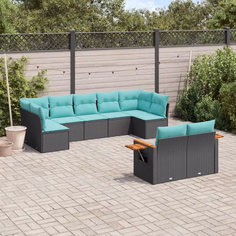Set Divani da Giardino vidaXL a forma a U composto da 9 pezzi con Tavolino e Cuscini, Colore Nero e Blu con Struttura in Metallo e Legno di Acacia