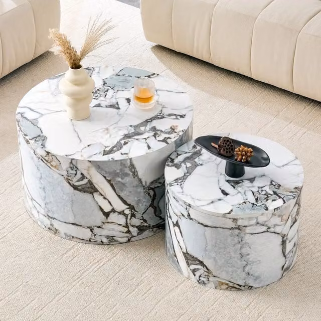 Set di 2 tavolini bassi rotondi a incastro Mivray con vano contenitore e coperchio rimovibile in MDF bianco lucido