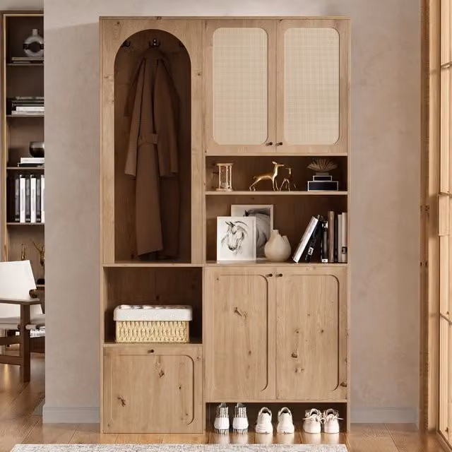 Mobile ingresso 120 x 35 x 200 cm; 4 ante; scarpiera a ribalta; ganci appendiabiti; per la casa moderna; pratico; effetto rattan; naturale