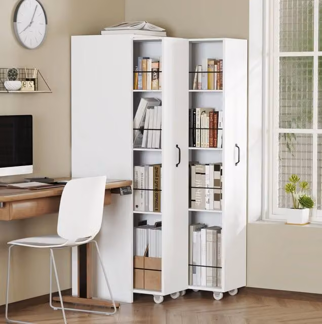 Libreria estensibile ULEVR 51,5x41x158 cm con ruote, 4 ripiani per modulo e barre metalliche, bianca