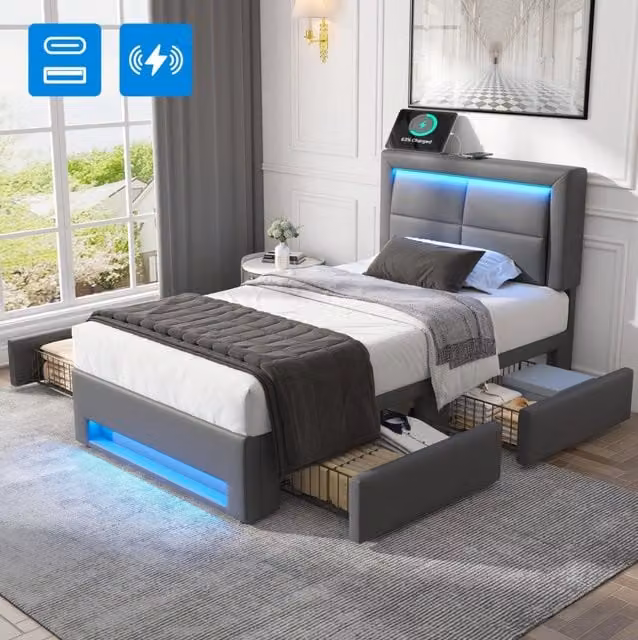 Letto imbottito 90x200 cm in PU grigio con LED; USB e 4 cassetti