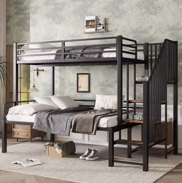 Letto a castello Beaok in metallo e MDF nero con scaletta ad angolo e contenitore L/P/H: 257 x 124 x 160 cm o 257 x 150 x 160 cm