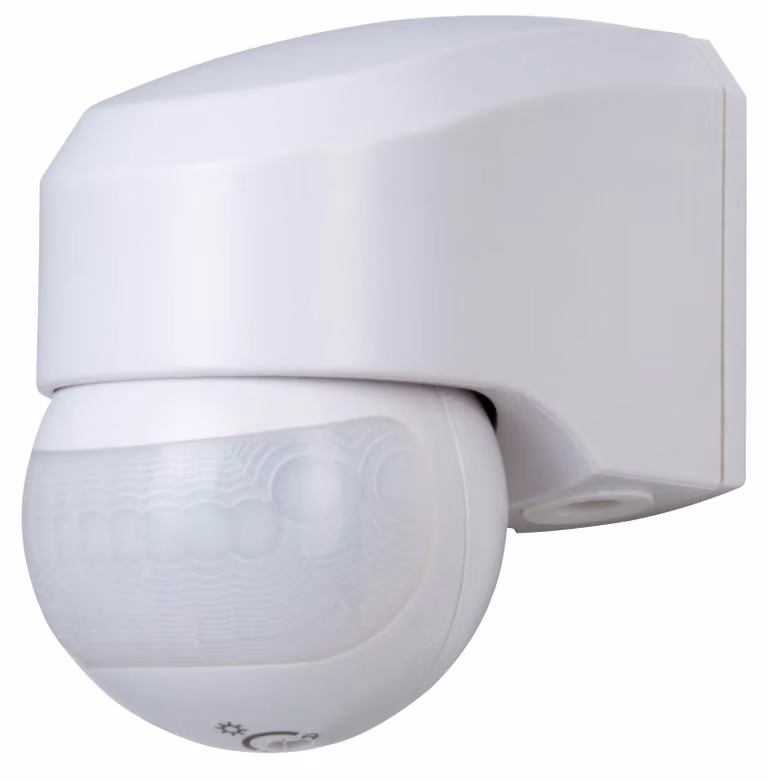 Sensore di movimento a 180°, portata 12 metri, grado di protezione IP44, colore bianco, da montare a parete