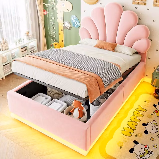 Letto imbottito 90x200 cm in velluto rosa con testiera a fiore; LED e contenitore idraulico