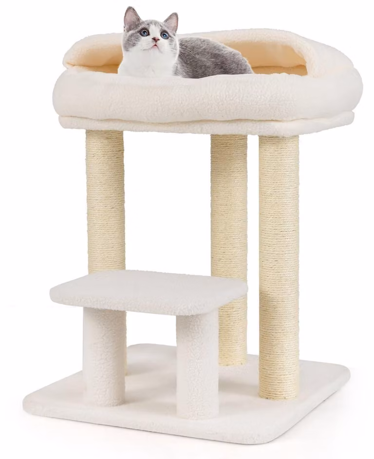 Tiragraffi con pali in sisal e trespolo superiore in peluche, bianco