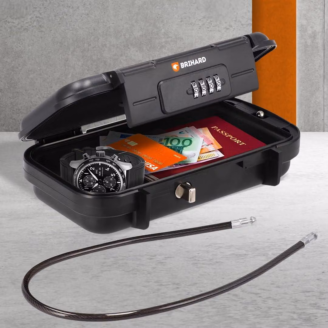 Valigia da viaggio impermeabile con serratura a combinazione a 4 cifre, cavo incluso, clip in acciaio nero per smartphone, contanti e passaporto; cassetta di sicurezza compatta per vacanze, sport e hotel