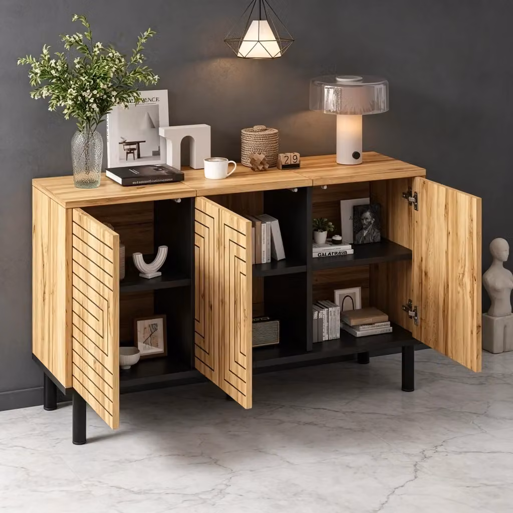 Credenza OKWISH marrone con 3 ante e 6 vani, design geometrico e minimalista, L 120 x P 35 x H 68 cm – 2