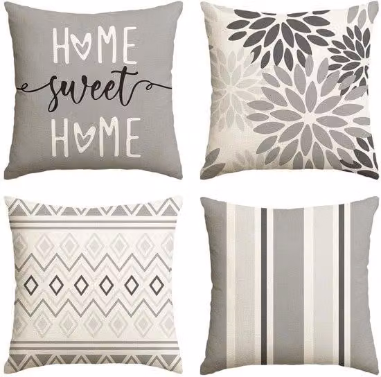Set di 4 fodere per cuscini geometriche grigie primaverili, 45 x 45 cm, decorazione per il soggiorno e l'esterno