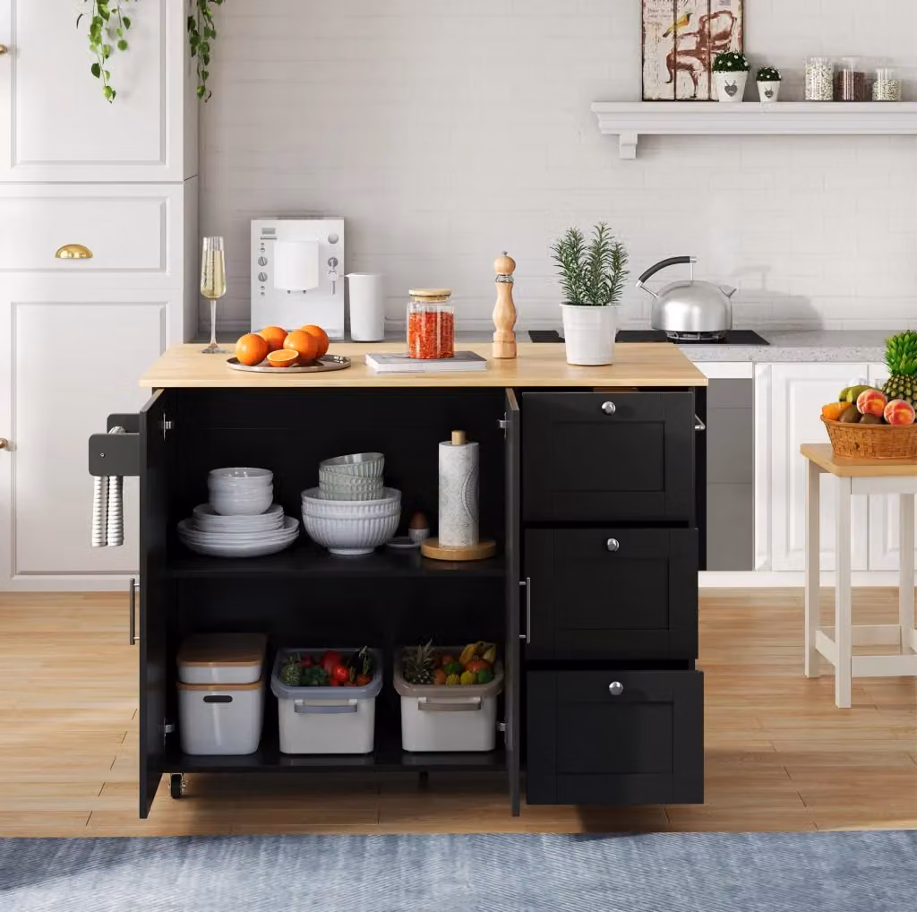 Isola da cucina mobile pieghevole MODFU in MDF color nero e rovere, L 135 x P 44 x H 90 cm – 2
