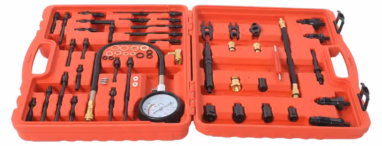 Tester di compressione per motori - Set di prova - 0–40 bar - 600 PSI - Adatto per motori a benzina e diesel - Acciaio C45 - Valigetta portatile - Colore: rosso