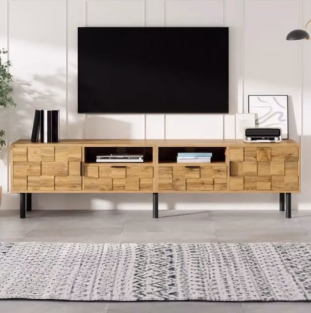 Mobile TV ULEVR 160x35x42,5 cm con 2 ante, 2 cassetti e 2 vani aperti, effetto legno naturale e nero