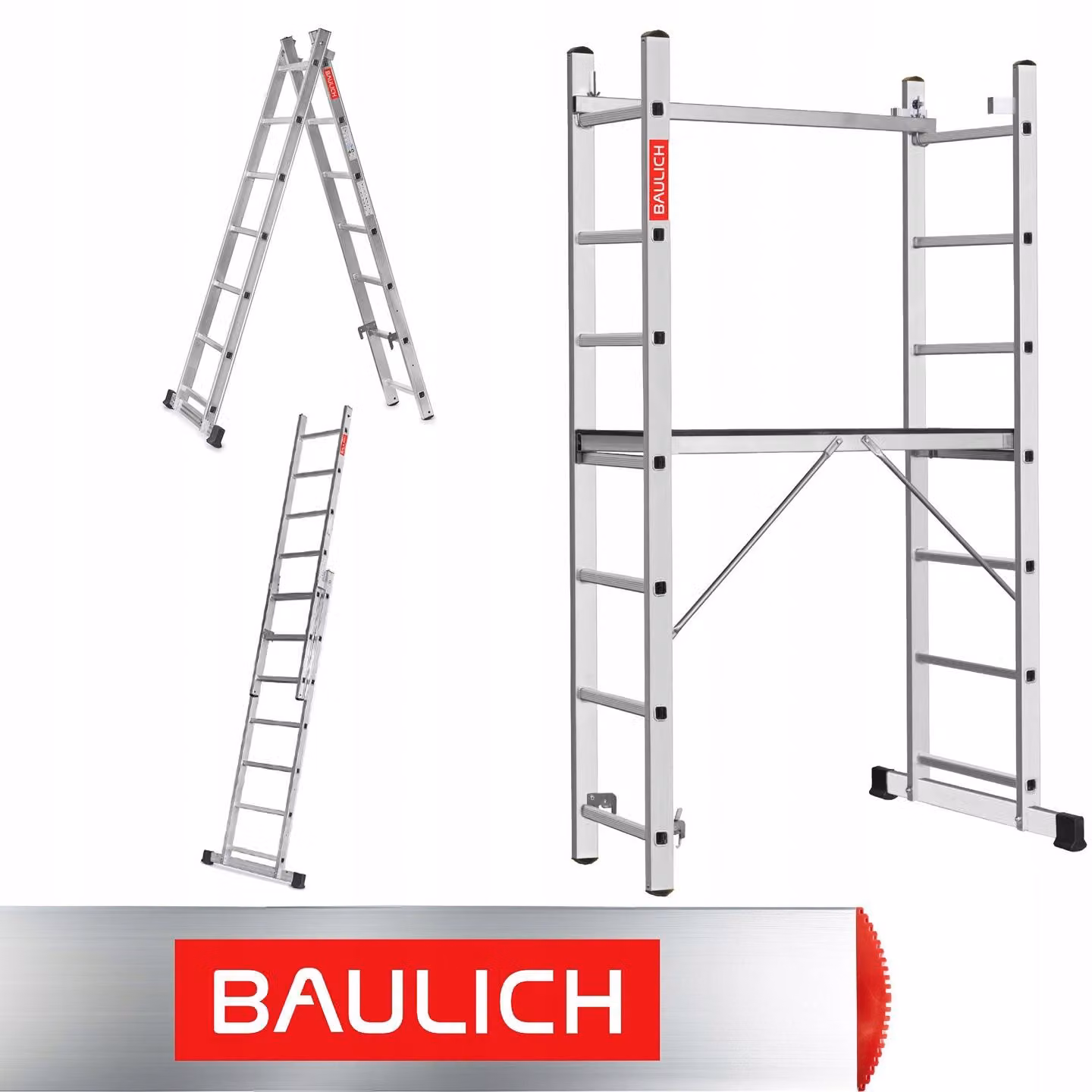 Baulich | Ponteggio in alluminio 2x7 - Altezza di lavoro 2,98 m - Portata 150 kg - Scala pieghevole - Piattaforma di lavoro - Ponteggio En 131