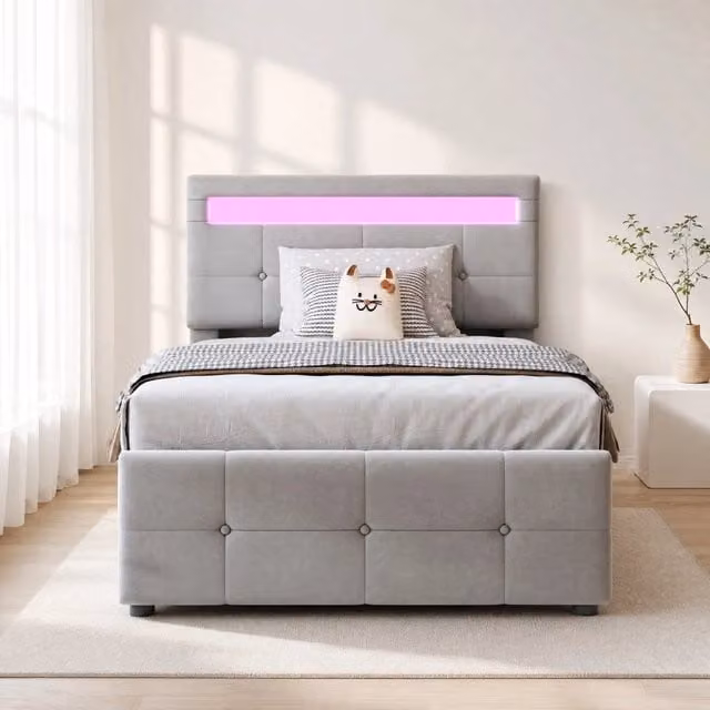Letto singolo imbottito 90 × 200 cm con vano contenitore idraulico LED testiera regolabile velluto grigio