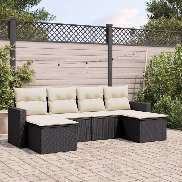 Set Divano da Giardino a L vidaXL 6 pz in Polyrattan Nero con Cuscini e Ottoman