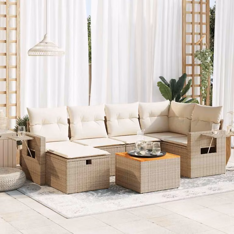 Set di divani da giardino vidaXL in 7 pezzi con cuscini beige in polyrattan e struttura in metallo per esterno