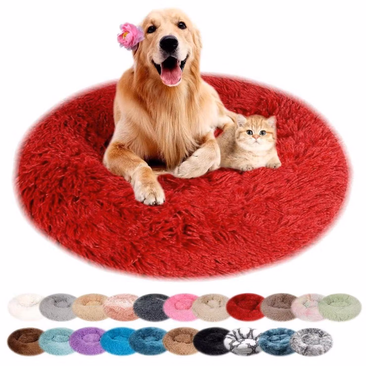 Cuccia per cani, rotonda, in peluche, lavabile, antiscivolo, colore rosso, diametro 40 cm