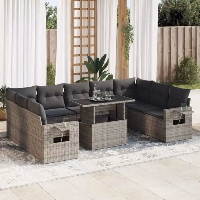 Set Divano da Giardino vidaXL a Forma a U in Polyrattan Grigio con Cuscini e Tavolino da Esterno