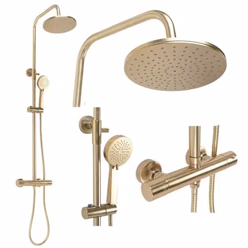 Rea - Colonna Doccia Con Termostato Parot Brushed Gold Sistema Doccia In Ottone Per Bagno (Oro) 45x27x120cm